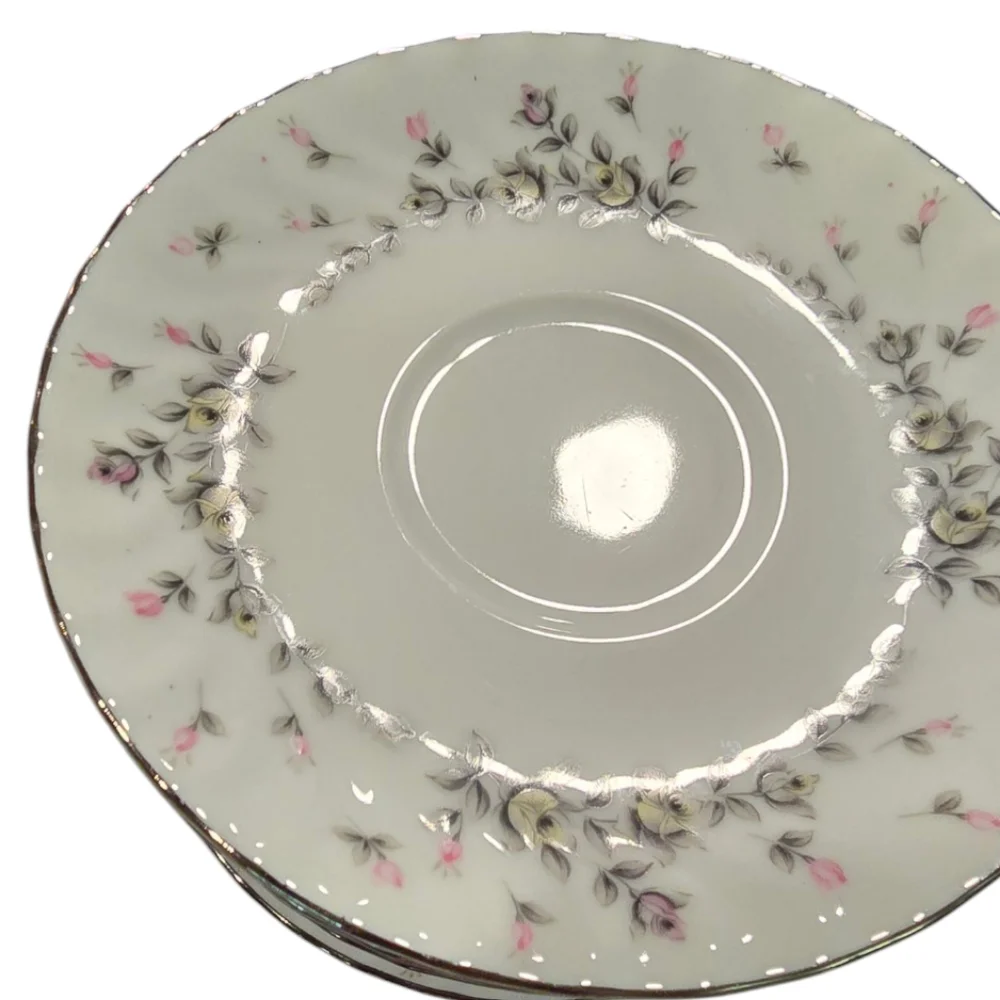 Style House Picardy Tea Saucers Set of 11 Bone China Silver Trim Floral Rosebud‎